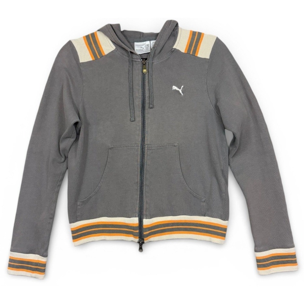 Vintage Y2K Puma Zip Up Hoodie‎ Womens S Grey Orange Striped Track Jacket Hooded